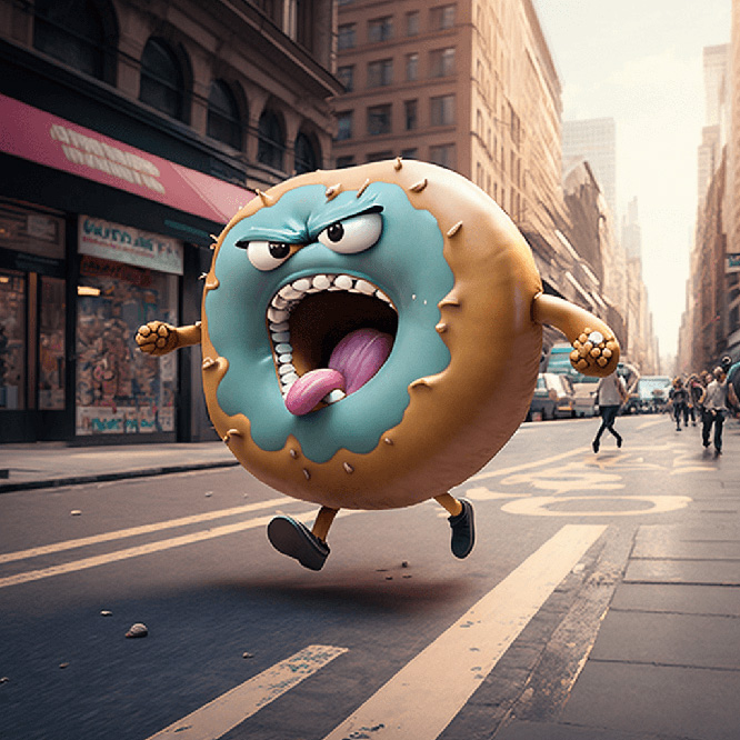 Angry doughnut walking down the street