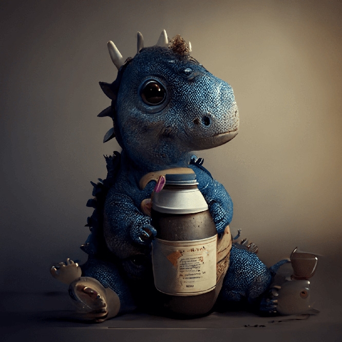 Baby bandsaurus, drinking coffee with baby bottle