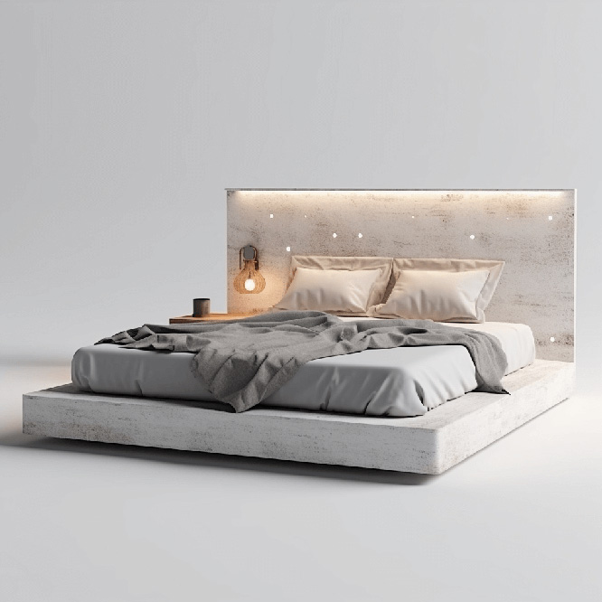 Hyper realistic modern bed with sandy colors white background and cinematic lights