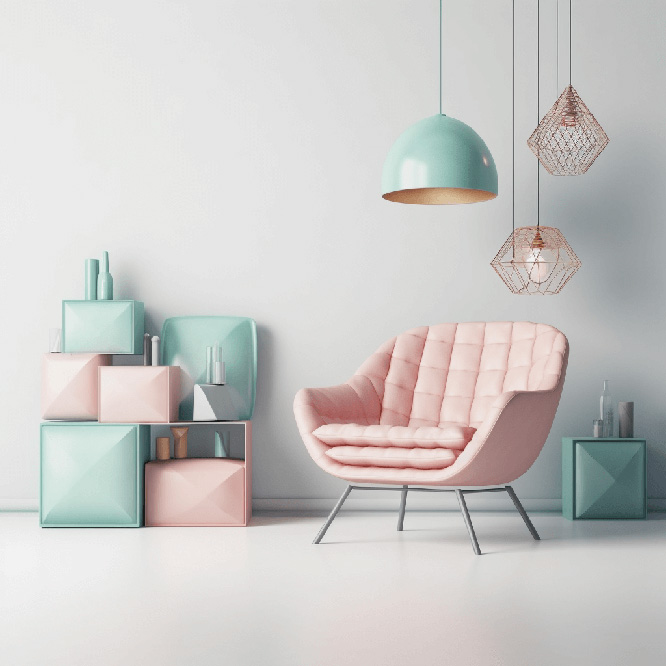 Hyper realistic modern furniture with white background and pastel colors cinematic lights