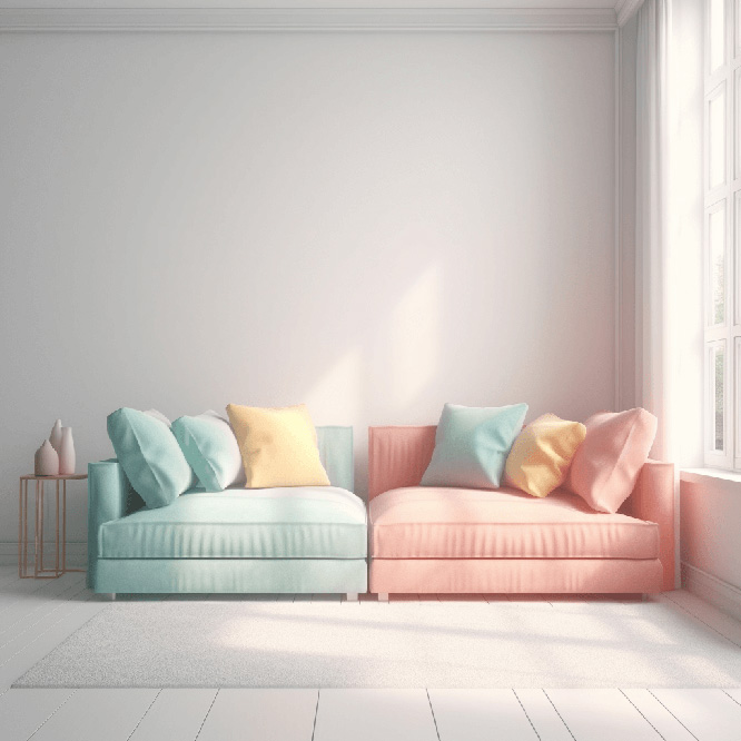 Hyper realistic modern sofa with pastel colors and white background cinematic light